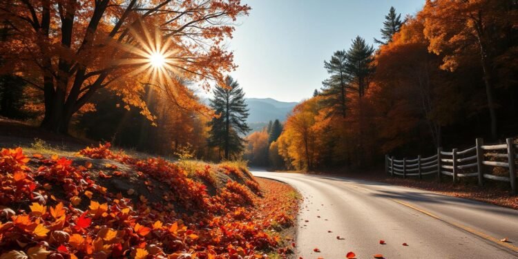 A cozy autumn scene of a picturesque country road winding through a vibrant forest, the sun filtering through the colorful foliage and casting a warm, golden glow. In the foreground, piles of fallen leaves in shades of red, orange, and yellow carpet the ground. In the middle distance, towering oak and maple trees line the road, their branches heavy with brilliant fall hues. In the background, the silhouettes of mountains rise, their peaks dusted with the first snowfall of the season. The scene exudes a sense of coziness and tranquility, perfectly capturing the essence of the apple cider aesthetic.