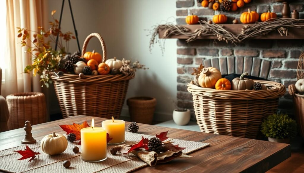 A cozy autumn scene with budget-friendly fall decor elements. In the foreground, a rustic wooden table is adorned with a woven table runner, dried leaves, and a few small gourds. Flickering candles cast a warm glow. In the middle ground, a large wicker basket overflows with pinecones, acorns, and a mix of colorful fall foliage. The background features a simple brick fireplace mantel, decorated with a garland of twigs and mini pumpkins. Soft, natural lighting filters through sheer curtains, creating a inviting, peaceful atmosphere perfect for celebrating the autumn season on a budget.