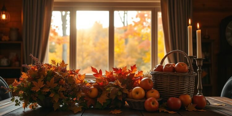 A cozy autumn still life set against a warm, ambient light. In the foreground, a rustic wooden table is adorned with an array of seasonal decor - a vibrant bouquet of fall foliage, a woven wicker basket filled with fresh apples, and a pair of candlesticks flickering softly. In the middle ground, a large window frames a scenic view of a sun-dappled forest, the trees ablaze with vibrant reds, oranges, and golds. The background is bathed in a soft, golden glow, creating an inviting, autumnal atmosphere. The overall composition evokes a sense of coziness, comfort, and the beauty of nature's seasonal transition.