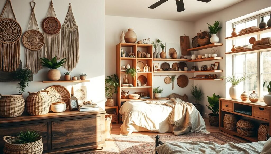A cozy boho-inspired bedroom with an abundance of stylish storage solutions. In the foreground, a wooden chest with woven baskets and macrame wall hangings, casting warm, golden light. The middle ground features a rattan bookshelf filled with decorative objects, plants, and vintage-inspired trinkets. In the background, a large window floods the space with natural light, illuminating a wall of floating shelves displaying an eclectic array of ceramics, textiles, and personal mementos. The overall atmosphere is one of relaxed, earthy elegance, perfectly capturing the essence of a boho bedroom.