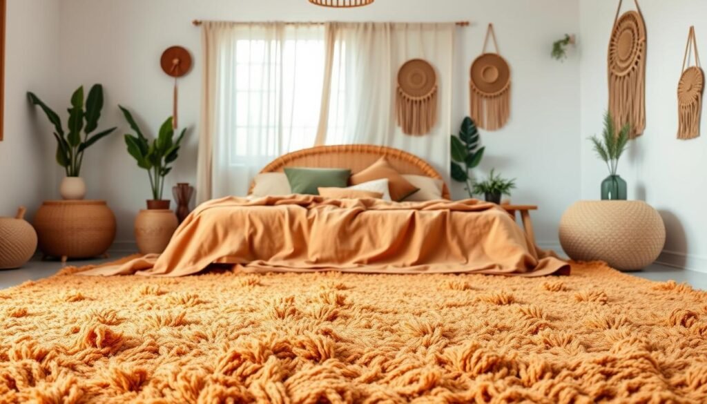 A cozy, inviting boho bedroom with a serene, earthy color palette. In the foreground, a plush, textured rug in warm tones of terracotta and ochre anchors the space. Decorative pillows in muted shades of green, brown, and beige create a harmonious, layered look. In the middle ground, a wooden bedframe with a rattan headboard is adorned with sheer, billowing curtains in a soft, neutral hue. The background features whitewashed walls, with a few decorative plants and woven wall hangings adding natural, bohemian accents. Soft, diffused lighting casts a warm, ambient glow, enhancing the relaxed, comforting atmosphere.