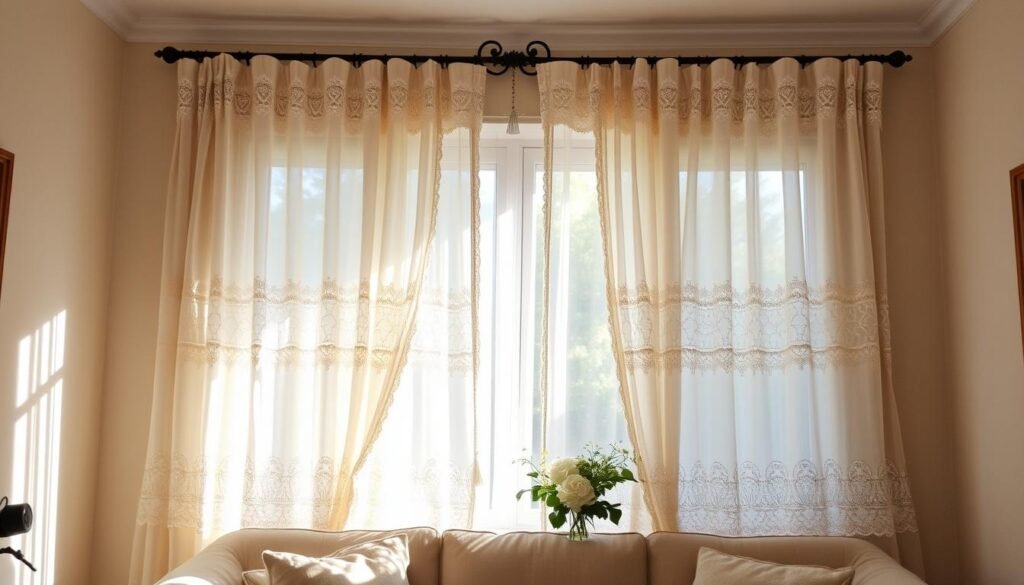 A cozy living room with delicate, shabby chic curtains draped elegantly against a sun-dappled wall. The curtains feature a vintage lace pattern in soft creams and ivory, with subtle crochet accents along the edges. Soft, diffused natural lighting filters through the sheer fabric, creating a warm and inviting atmosphere. The curtains hang gracefully, their gentle folds and textures reflecting the rustic-yet-refined aesthetic of the space. An elegant, antique-inspired rod supports the curtains, adding to the overall charm of the scene.