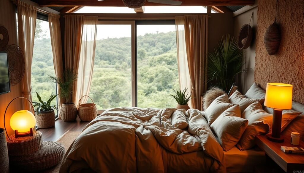A cozy, nature-inspired bedroom oasis with warm, ambient lighting and plush, inviting decor. In the foreground, a large, comfy bed is dressed in soft, earthy linens and piled high with an array of pillows in muted tones. Beside the bed, a natural wood nightstand holds a glowing table lamp, casting a gentle glow. In the middle ground, a floor-to-ceiling window overlooks a lush, verdant landscape, framed by sheer, flowing curtains. The background features rustic, natural accents like woven baskets, potted plants, and a textured, neutral-toned accent wall. An overall atmosphere of tranquility, comfort, and relaxation pervades the scene.