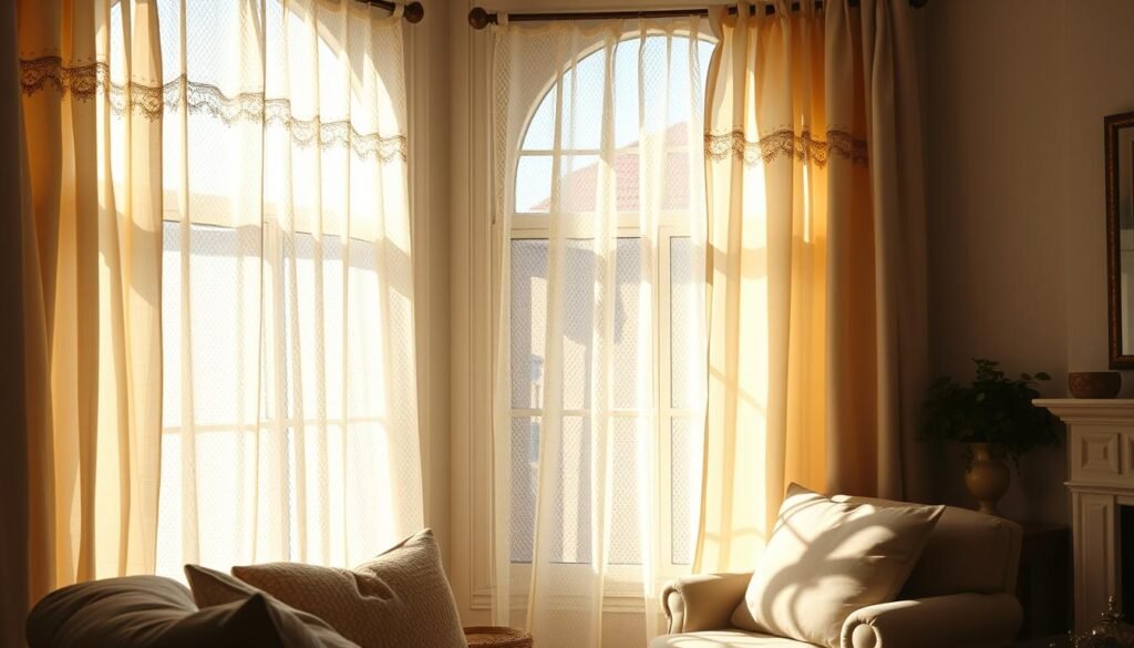A cozy, sun-dappled living room with soft, flowing window treatments. Delicate lace curtains gently billowing in a warm breeze, casting a gentle, diffused light across the space. Sheer, ivory panels cascading over antique wooden rods, creating a serene and inviting atmosphere. Layers of textured fabrics, from sheer to velvet, in muted shades of cream and pale blue, softening the edges of the windows and infusing the room with a sense of old-world charm. The lighting is natural and warm, with a subtle golden glow that envelops the space. The overall impression is one of comfort, coziness, and a touch of vintage elegance.