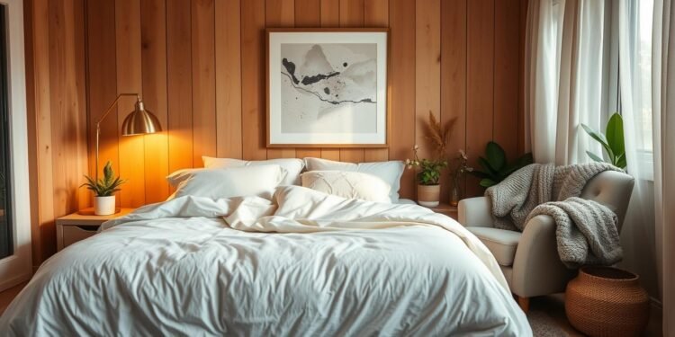 A cozy, well-lit bedroom with a plush, oversized bed dressed in soft, neutral linens. Warm, ambient lighting from a brass floor lamp casts a gentle glow, while a large, framed abstract art piece hangs above the headboard. A cozy, tufted armchair sits in the corner, inviting relaxation, with a fluffy, grey throw draped over the back. The room is accented with natural wood tones, potted plants, and textural details like a woven basket and sheer curtains that drift in the breeze, creating a serene, calming atmosphere.