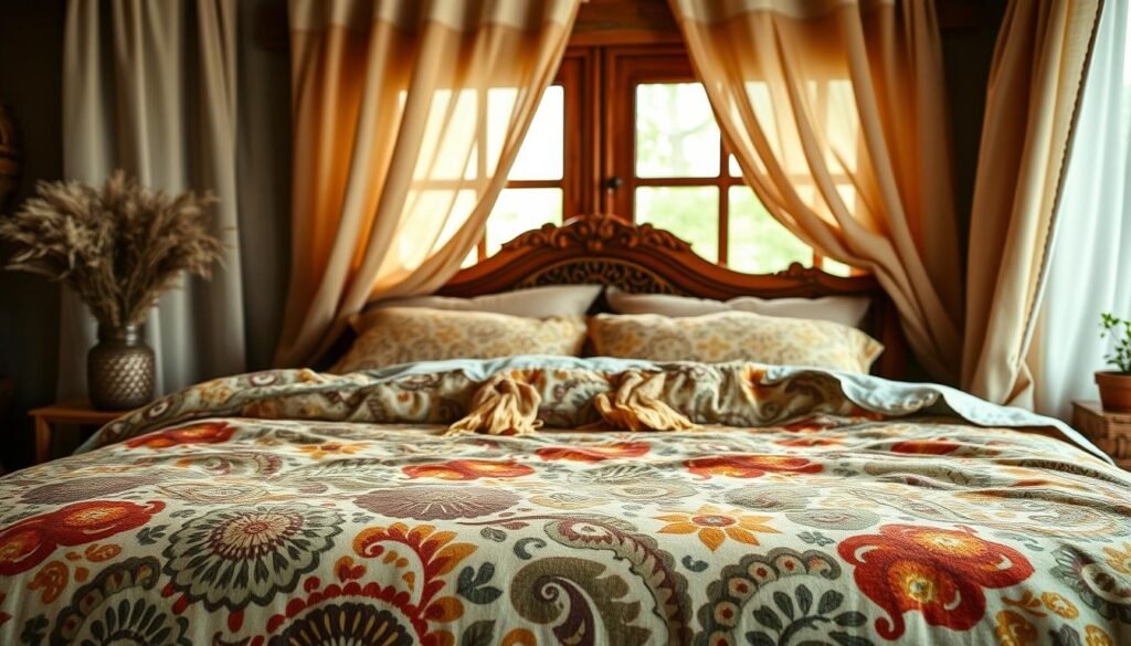 A lush, bohemian-inspired bedding set in earthy tones and intricate patterns. The foreground features a plush comforter with a mosaic of geometric shapes, paisley swirls, and floral motifs in muted shades of terracotta, mustard, and sage. Soft, billowing curtains in a sheer, natural fabric hang from the windows, casting a warm, ambient glow. In the background, a wooden headboard with carved detailing serves as a rustic, textural backdrop. The overall scene evokes a cozy, tranquil atmosphere, perfect for a boho-chic bedroom retreat.