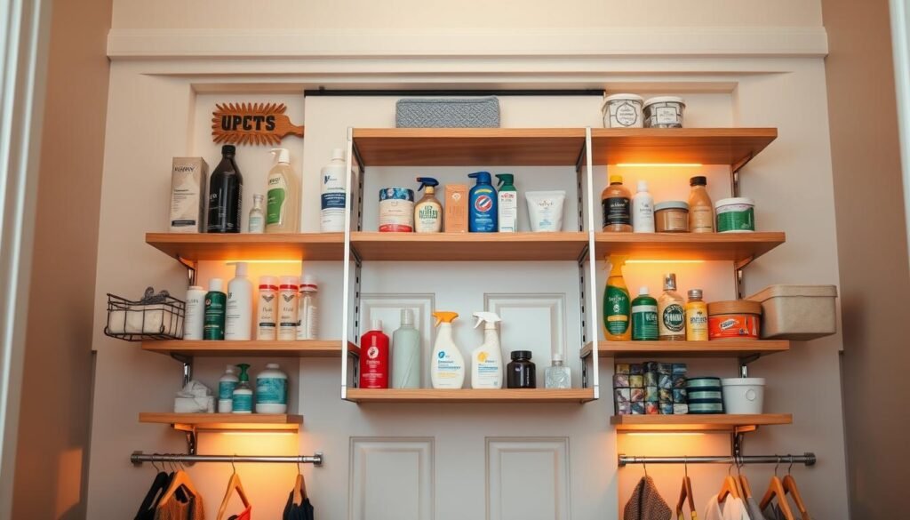 A neatly organized over-the-door storage solution, featuring multiple shelves and compartments for efficient organization. Warm, natural lighting illuminates the scene, casting a cozy glow on the wooden shelves and metal hardware. The shelves are stocked with a variety of household items, from cleaning supplies to personal care products, all arranged in a visually pleasing manner. The camera angle is slightly elevated, providing a clear, unobstructed view of the storage unit's functionality and design. The overall atmosphere is one of practicality and refined minimalism, showcasing a smart, space-saving storage solution for any closet or entryway.