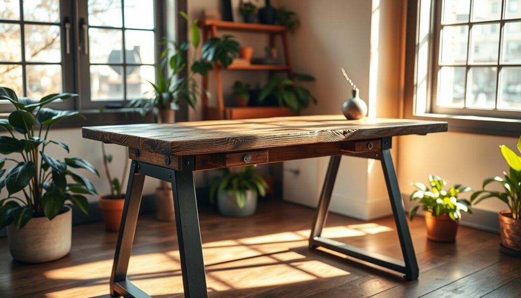 A rustic, weathered wooden desk with a distressed finish, standing in a cozy, sun-drenched home office. Warm natural light filters through large windows, casting a soft glow across the textured surface. The desk features a sturdy, reclaimed wood top with visible knots and grains, complemented by industrial-style metal legs. Surrounding the desk are lush indoor plants, adding a touch of greenery to the earthy, inviting atmosphere. The desk is positioned to take advantage of the natural light, creating a serene and productive workspace that embodies the charm of a rustic, reclaimed aesthetic.
