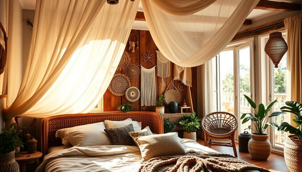 A sun-drenched boho chic bedroom, filled with lush textures and earthy tones. In the foreground, a plush, oversized rattan headboard frames a cozy, pillow-laden bed. Draped above, sheer, bohemian curtains sway gently in the breeze, casting a warm, ambient glow. The middle ground features a wood-paneled accent wall adorned with macrame wall hangings, woven baskets, and potted plants. In the background, large windows open to a balcony, allowing natural light to flood the space and highlighting the eclectic mix of vintage, handcrafted furnishings. The overall atmosphere is one of relaxed elegance, evoking a sense of rustic, carefree sophistication.