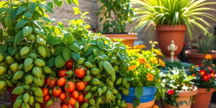 A thriving container garden with lush, verdant plants cascading from vibrant pots and planters. Sunlight filters through the leaves, casting a warm, golden glow. In the foreground, a variety of flourishing herbs, vegetables, and flowers - tomatoes, peppers, basil, marigolds - artfully arranged in a well-curated display. The middle ground showcases larger potted plants, perhaps a dwarf citrus tree or ornamental grasses, creating a sense of depth and layering. The background hints at a cozy patio or balcony setting, with a glimpse of earthy, textured walls or fencing. The overall scene emanates a feeling of abundance, tranquility, and the pride of successful container gardening.