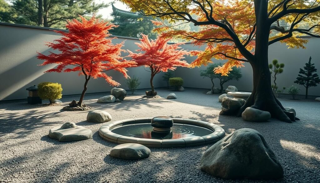 A tranquil Zen garden design with a serene water feature, smooth rocks, and carefully placed Japanese maple trees. Soft natural lighting filters through the trees, casting gentle shadows on the gravel pathways. The overall atmosphere is one of profound calm and contemplation, inviting the viewer to pause and find inner peace. The scene is captured from a low angle, emphasizing the harmonious balance of the elements. The composition draws the eye towards the central water basin, the focal point of this serene oasis.