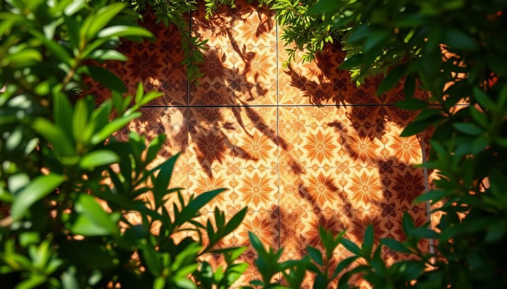 A vibrant mosaic of Moroccan-inspired tile accents, featuring intricate geometric patterns in a warm, earthy color palette. Sunlight dapples the surface, casting soft, shadowy patterns that add depth and texture. The tiles are arranged in a harmonious, organic layout, evoking a sense of global, bohemian style. The composition is framed by lush, verdant foliage, creating a serene, oasis-like atmosphere. The image is captured with a wide-angle lens, highlighting the artful arrangement of the tiles and their integration with the surrounding natural elements. The overall mood is one of cultural richness, tranquility, and a touch of exotic allure.
