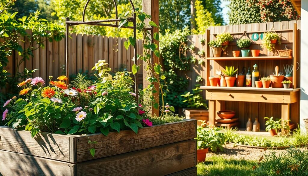 A vibrant, sun-dappled backyard filled with an array of DIY garden projects. In the foreground, a rustic wooden planter overflowing with lush greenery and colorful flowers. In the middle ground, a hand-crafted trellis supporting a thriving vine, its tendrils reaching towards the sky. In the background, a charming potting bench adorned with terracotta pots and gardening tools. The scene is bathed in warm, golden light, evoking a sense of tranquility and joy. The overall composition showcases the creativity and ingenuity of DIY garden projects, inspiring the viewer to embrace their own green-fingered endeavors.