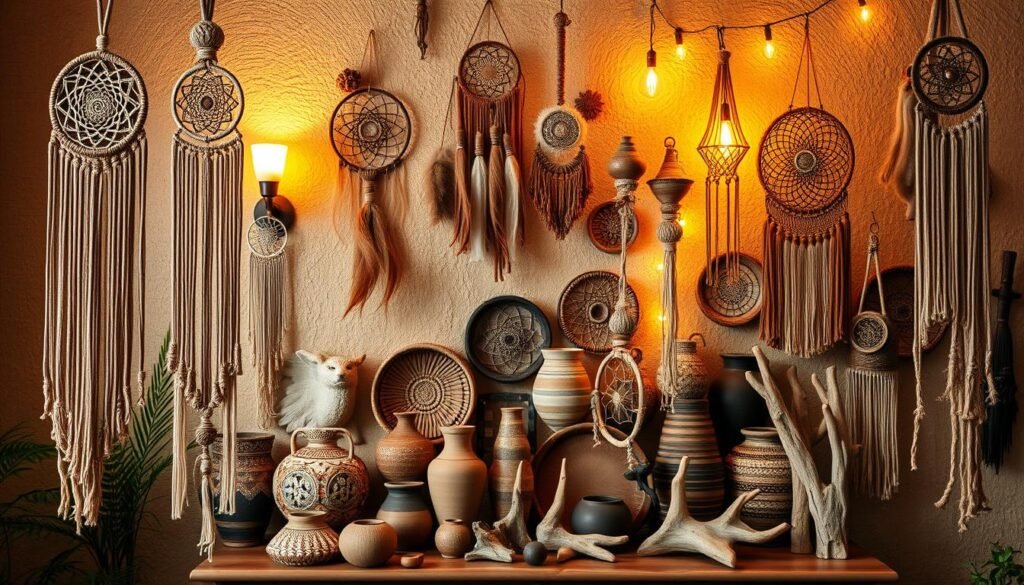 Boho wall decor, a harmonious blend of natural elements and eclectic charm. In the foreground, macrame wall hangings cascade gracefully, their intricate patterns and earthy tones adding a touch of bohemian flair. Intertwined with the macrame, a collection of dreamcatchers in varying sizes and designs sway gently, symbolizing the embrace of spiritual connections. In the middle ground, a vibrant assortment of woven baskets, ceramic vessels, and driftwood sculptures create a visually striking arrangement, each piece exuding a unique character. Warm, diffused lighting from sconces and string lights casts a cozy, inviting glow, setting the mood for a serene, meditative atmosphere. The background features a textured, earthy-toned wall, providing a natural canvas for this bohemian wall decor display.