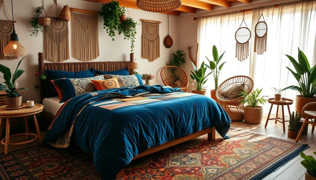 Cozy boho bedroom with a harmonious blend of vibrant patterns and rich textures. Plush velvet duvet in a deep indigo hue, layered with a patchwork quilt in earthy tones. Ornate tapestry rug underfoot, complemented by woven rattan furniture and macrame wall hangings. Warm lighting filters through sheer curtains, casting a soft glow across the space. Abundant potted plants and natural wood accents infuse the room with an organic, laid-back ambiance. A sense of bohemian elegance permeates the scene, inviting relaxation and inspiration.