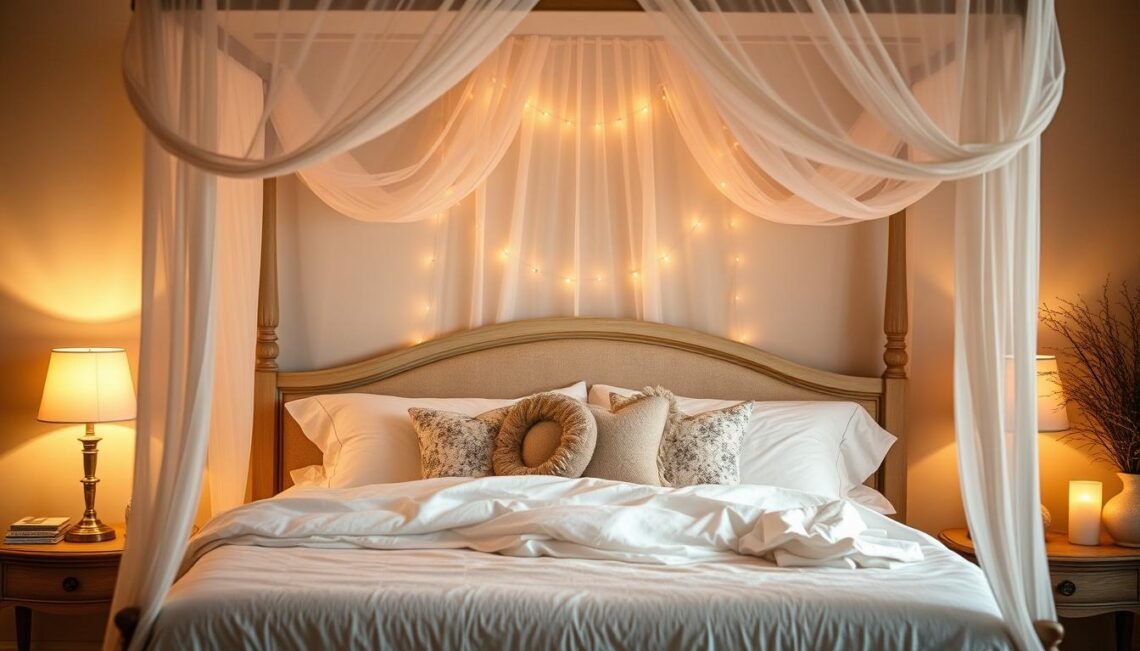 Create an image of a cozy bedroom with soft lighting, candles, and a dreamy canopy bed.