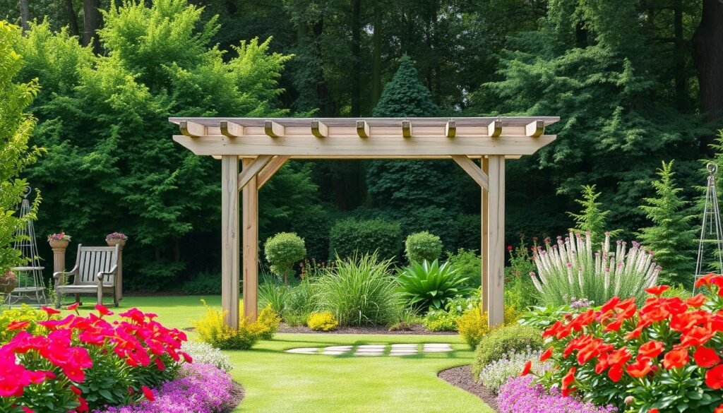 Create an image of a simple pergola in a garden setting.