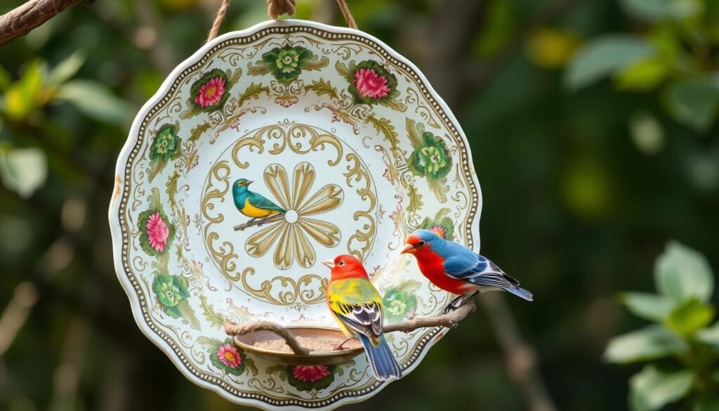 Create an image of an old plate being transformed into a bird feeder.