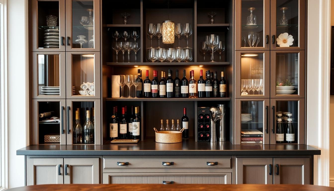 Elegant home bar setup with wine bar cabinet as focal point