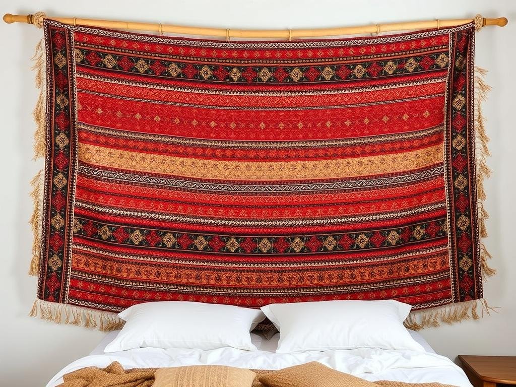 Hanging textile or tapestry as a headboard alternative