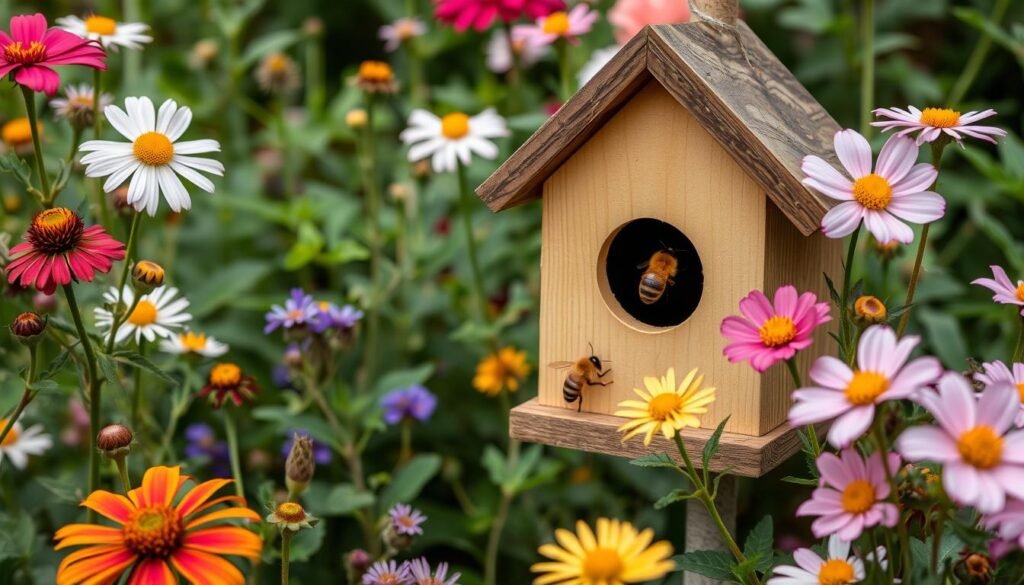 Image of a Mason Bee house installed in a garden