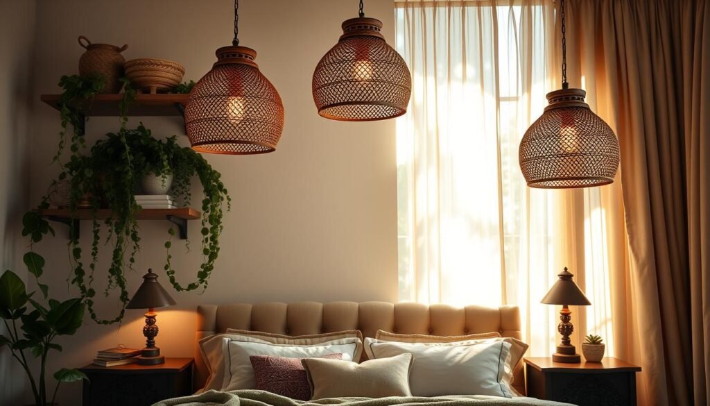 Intricately decorated boho-style pendant lights, their woven rattan shades casting a warm, diffused glow across a serene bedroom scene. Lush, trailing greenery cascades from floating shelves, complementing the natural textures and earthy color palette. Ornate, hand-carved wooden side tables flank a plush, tufted headboard, creating a layered, lived-in ambiance. Beams of soft, golden light filter through sheer, billowing curtains, enveloping the space in a dreamy, romantic atmosphere. A cozy, boho-chic sanctuary that evokes a sense of tranquility and worldly elegance.