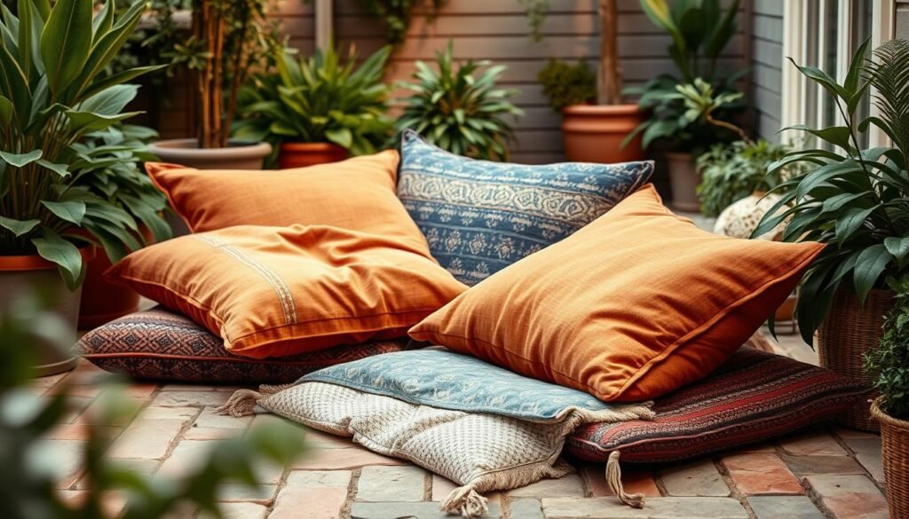 Outdoor floor cushions arranged in a cozy, boho-inspired backyard setting. Soft, textured fabrics in earthy tones and patterns - deep ochre, terracotta, and indigo - layered atop a natural stone or brick patio. Lush greenery and potted plants surround the cushions, creating a serene, nature-infused atmosphere. Warm, diffused lighting casts a gentle glow, enhancing the relaxed, inviting mood. The cushions are positioned at an angle, drawing the viewer's eye to the composition's dynamic, asymmetrical arrangement. Detailed close-up shots showcase the intricate patterns and plush, inviting textures of the textiles.