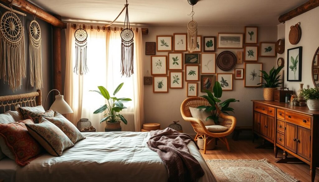 Prompt A cozy, inviting boho bedroom with a rustic, earthy ambiance. In the foreground, a large, plush bed is adorned with an array of colorful, patterned pillows and a bohemian-style bedspread. Hanging above the bed, macrame wall hangings and dreamcatchers create a relaxed, mystical atmosphere. In the middle ground, a rattan or wicker armchair is positioned next to a wooden side table, topped with a lush, leafy plant. The background features a wall filled with framed botanical prints and wall art, complemented by a wooden dresser or vanity. Soft, diffused lighting filters through sheer curtains, casting a warm, golden glow throughout the space. The overall scene exudes a carefree, cozy, and visually compelling boho-inspired bedroom aesthetic.