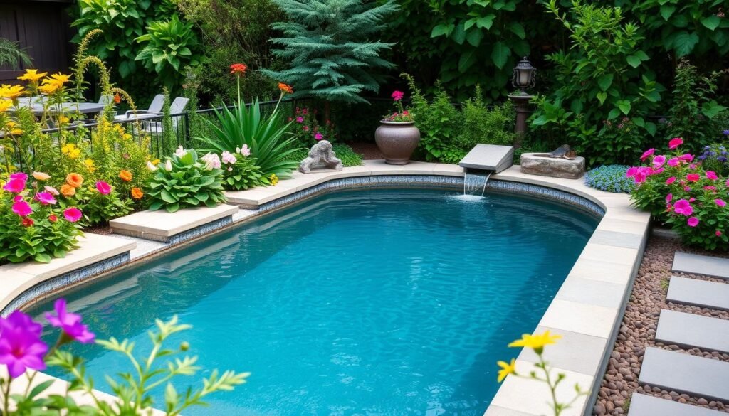 Stock tank pool in a garden