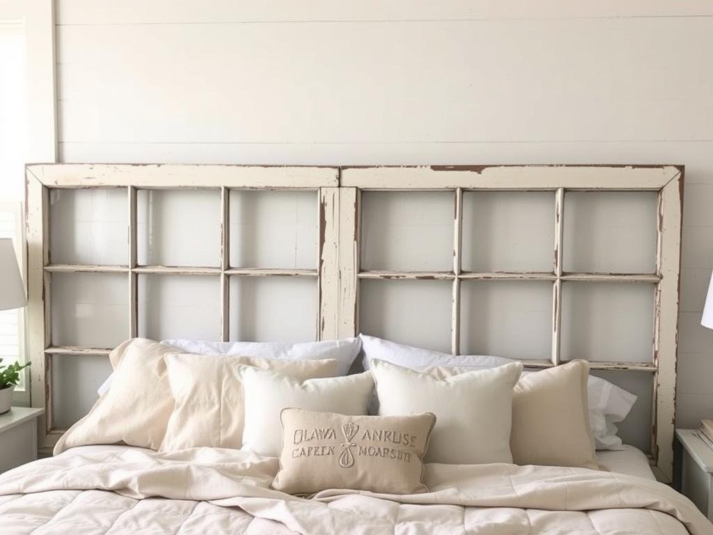 Vintage window frames repurposed as a headboard