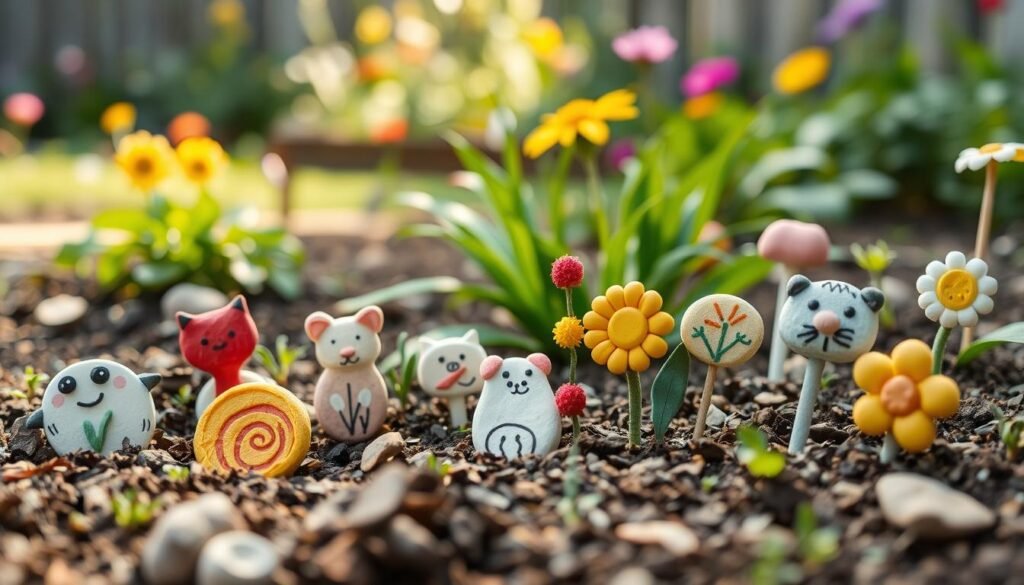 whimsical garden markers for a kid-friendly backyard, handmade from colorful clay with simple drawings of animals, flowers, and nature motifs, arranged in an organic, free-flowing layout on a garden bed with soft, diffused natural light, low angle to capture the joy and creativity of the markers, warm, inviting atmosphere conveying a sense of wonder and discovery