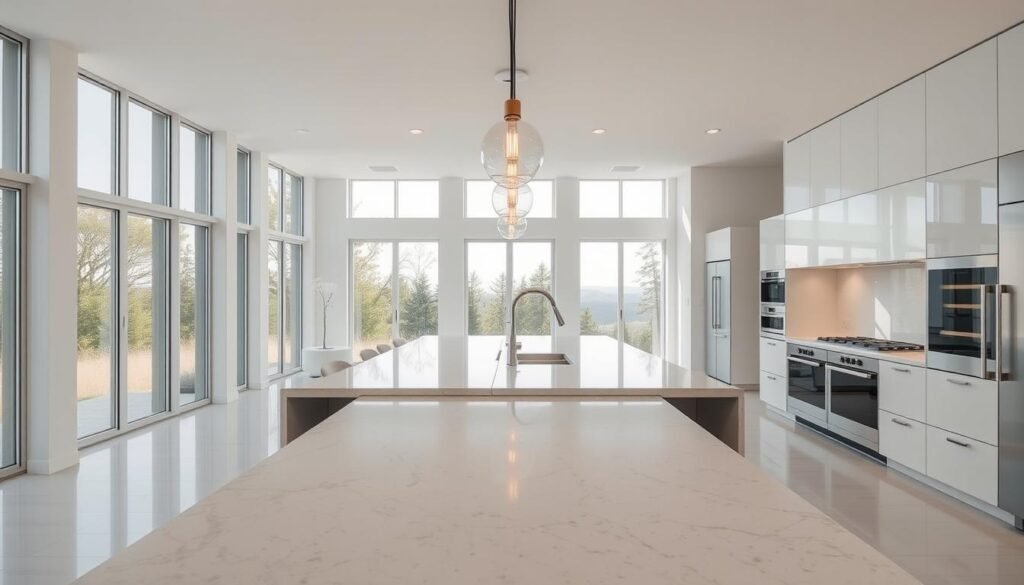 A bright, modern kitchen with sleek, minimalist design elements. The foreground features a large, central kitchen island with a smooth, granite countertop and a row of pendant lights hanging overhead, casting a warm, ambient glow. In the middle ground, floor-to-ceiling windows flood the space with natural light, revealing a clean, white palette accentuated by touches of wood and metal. The background showcases state-of-the-art appliances, integrated cabinetry, and a subtle, yet sophisticated color scheme. The overall atmosphere evokes a sense of openness, functionality, and timeless elegance, perfect for a 2025 kitchen design.