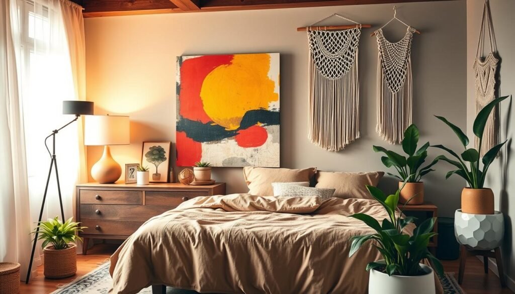 A cozy and eclectic bedroom in 2025, illuminated by warm, soft lighting. In the foreground, a large, abstract canvas painting in bold colors commands attention as the central art piece. Surrounding it are various statement decor elements - a sculptural floor lamp, a mid-century modern dresser, and a hanging macrame wall hanging. The bed is dressed in luxurious, textured bedding in earthy tones. Lush, verdant plants in modern planters add freshness and vibrancy. The overall atmosphere is one of refined yet relaxed sophistication, reflecting the latest trends in bedroom design.