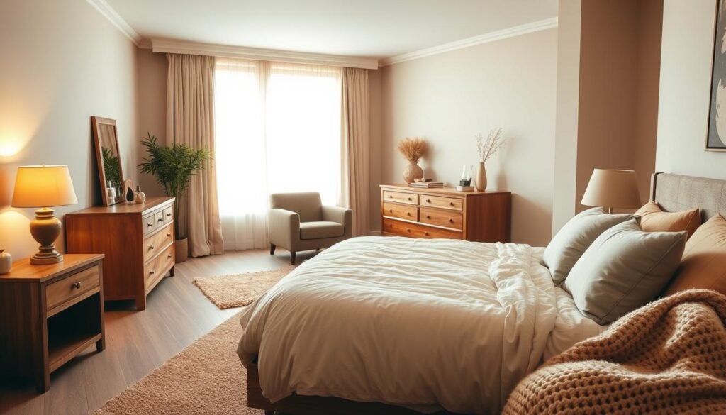 A cozy and inviting bedroom design with warm neutral tones and soft lighting. In the foreground, a plush king-size bed with a fluffy duvet and an assortment of throw pillows in earthy hues. Beside the bed, a solid wood nightstand with a table lamp casting a gentle glow. In the middle ground, a rustic wooden dresser and a comfortable armchair upholstered in a velvety fabric. The background features a large window with flowing sheer curtains, allowing natural light to filter in and creating a serene, relaxing atmosphere. Soft textures, such as a plush area rug and knitted throw blankets, complete the cozy ambiance. Overall, the scene conveys a sense of warmth, comfort, and tranquility.