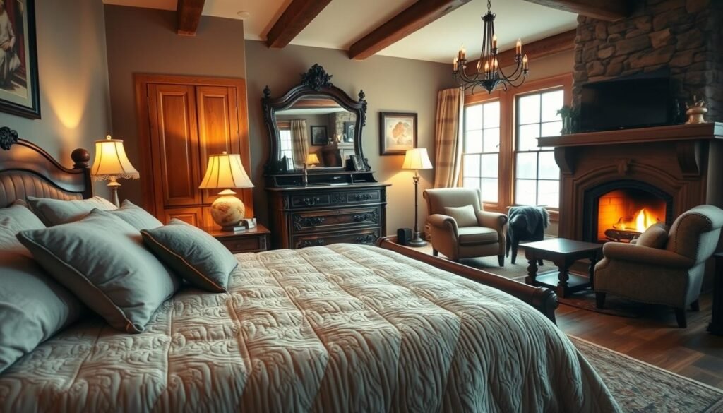 A cozy and inviting bedroom featuring warm, rustic furniture. In the foreground, a large, plush king-size bed with a plush quilted comforter and several soft, fluffy pillows in muted earth tones. Beside the bed, a sturdy wooden nightstand with a reading lamp and a stack of books. In the middle ground, an ornate, antique-style dresser with intricate carvings and a large mirror above it. The background showcases a pair of comfortable armchairs positioned near a crackling fireplace, casting a gentle glow and creating a relaxing ambiance. The room is illuminated by a combination of soft, natural light filtering through large windows and the warm, inviting glow of the fireplace. The overall atmosphere exudes a sense of comfort, relaxation, and tranquility.