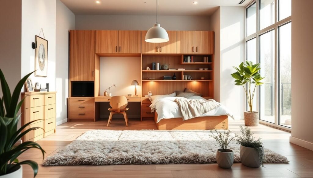 A cozy and inviting bedroom interior, showcasing a multifunctional furniture piece that combines a bed, built-in storage, and a workspace. The piece is crafted from warm-toned wood and has a minimalist, Scandinavian-inspired design. Soft lighting from a pendant lamp and wall sconces creates a serene atmosphere, while large windows allow natural light to flood the space. In the foreground, a plush rug and potted plants add texture and greenery, while the background features neutral-colored walls and simple decor, allowing the focal point to be the multifunctional furniture piece.