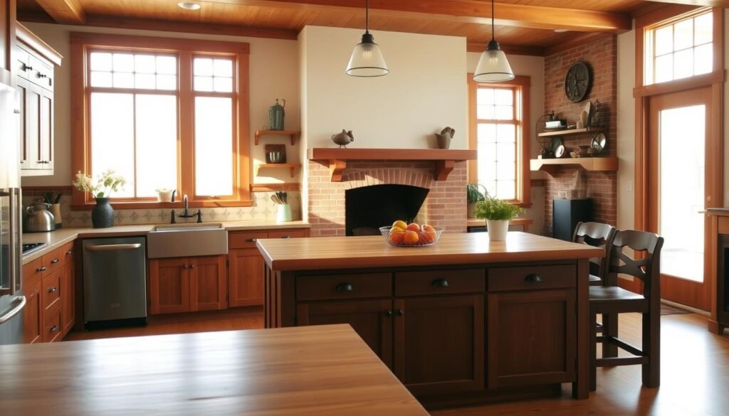 A cozy and inviting craftsman-style kitchen with warm wood tones, a farmhouse-inspired aesthetic, and classic details. In the foreground, a large central island with a butcher block countertop and mission-style cabinetry sets the tone. Behind it, a row of tall windows lets in abundant natural light, casting a soft, golden glow throughout the space. The backsplash features handcrafted tiles in an Arts and Crafts-inspired pattern. In the background, a brick fireplace with a decorative mantel adds to the room's rustic charm. The overall atmosphere exudes timeless sophistication and the enduring appeal of the craftsman design ethos.