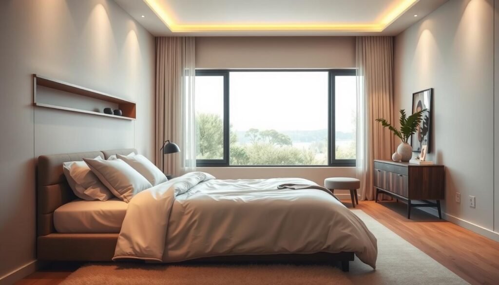 A cozy and inviting modern bedroom with clean lines, minimalist decor, and natural textures. The room is bathed in warm, diffuse lighting, creating a serene and calming atmosphere. In the foreground, a plush, low-profile bed with crisp white bedding and a few decorative pillows. On the walls, subtle wall panels or shelving add visual interest. The middle ground features a stylish nightstand with a simple table lamp, a small potted plant, and a few carefully curated accessories. In the background, a large window offers a view of a tranquil outdoor scene, blending the indoor and outdoor spaces seamlessly. The overall aesthetic is sophisticated yet comfortable, embodying the latest trends in contemporary bedroom design.