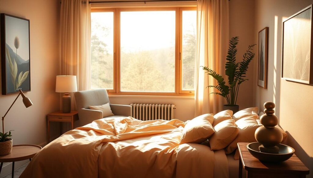 A cozy and inviting wellness bedroom design, bathed in warm, natural light streaming through large windows. A plush, organic bedding set in soothing earth tones invites relaxation, with a comfortable armchair and a wooden side table featuring a reading lamp and a potted plant. In the corner, a meditation cushion and a sound bowl create a peaceful retreat. The walls are adorned with calming nature-inspired artwork, while a discreet smart display offers wellness tracking and personalized content. Subtle ambient lighting and the soft hum of a tabletop fountain complete the serene, restorative atmosphere.
