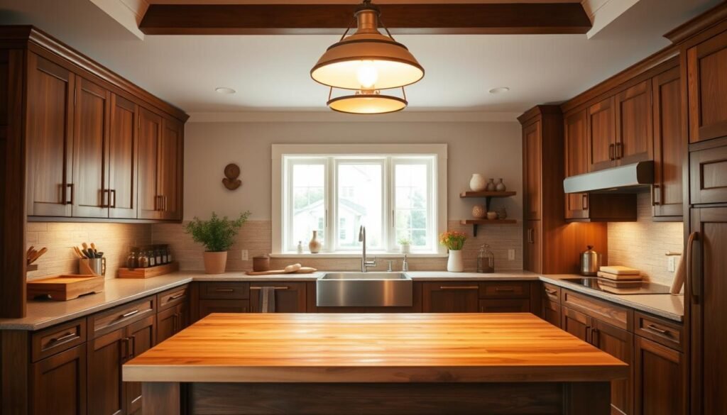 A cozy and well-designed craftsman kitchen, featuring warm wood tones and clean lines. In the foreground, a large central island with a butcher block countertop provides ample workspace. Shaker-style cabinets in a rich walnut finish line the walls, accented by classic cup pulls and hinges. Overhead, a statement-making pendant light casts a soft, ambient glow. In the middle ground, a large window floods the space with natural light, framed by simple white trim. The background showcases a subway tile backsplash in an earthy neutral shade, complementing the overall craftsman aesthetic. The overall mood is one of timeless elegance and functionality, capturing the essence of a space-optimizing craftsman kitchen.