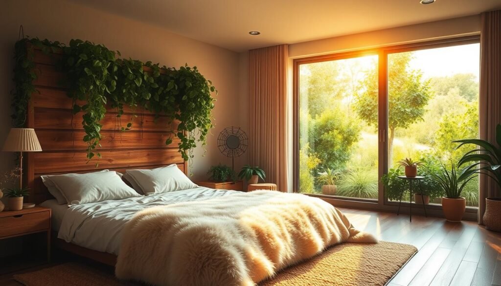 A cozy bedroom, bathed in warm, diffused lighting, showcases an elegant blend of natural elements. In the foreground, a large wooden headboard is adorned with lush, trailing plants cascading down its sides, creating a serene, nature-inspired focal point. The middle ground features a plush, earthy-toned area rug, layered with a fluffy sheepskin throw, inviting barefoot steps. Toward the background, a large window frames an enchanting view of a verdant, sunlit garden, its greenery and soft golden rays spilling into the space. The overall scene exudes a sense of organic comfort and tranquility, perfectly capturing the essence of incorporating natural elements for a warm, inviting bedroom ambiance.