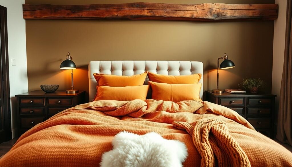 A cozy bedroom with a warm and inviting color palette. The foreground features a plush, tufted bed draped in soft, textured bedding in muted shades of ochre and terracotta. Lush, oversized pillows in coordinating hues create a nest-like atmosphere. In the middle ground, wooden nightstands with brass accents flank the bed, topped with vintage-inspired lamps casting a gentle, ambient glow. The background showcases a feature wall painted in a deep, earthy olive tone, complemented by a rustic wooden accent beam. Cozy textiles, such as a knitted throw and sheepskin rug, add layers of texture and depth, evoking a sense of comfort and relaxation. The overall scene is bathed in warm, natural light, creating a serene and inviting mood perfect for a restful retreat.