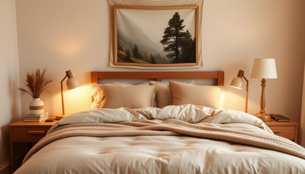 A cozy, budget-friendly bedroom with warm, earthy tones. In the foreground, a plush, neutral-colored comforter covers a simple, wooden bed frame. Soft, textured throw pillows and a knitted blanket add layers of coziness. On the nightstands, a pair of mismatched lamps with natural wood and fabric shades provide gentle, ambient lighting. In the middle ground, a small, wooden dresser holds a few decorative items, like a vase of dried flowers and a stacked pile of books. The background features a neutral-colored, textured wall with a large, framed nature-inspired print or tapestry, creating a calming and inviting atmosphere.