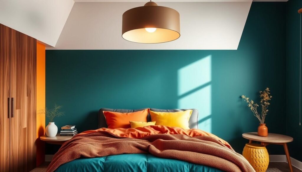 A cozy, modern bedroom with a vibrant, harmonious color palette. The walls feature a rich, deep teal tone, creating a serene and sophisticated ambiance. The plush, textured bedding in shades of terracotta and ochre adds warmth and depth, while the accents of chartreuse and muted mustard yellow introduce a touch of liveliness. The room is bathed in soft, diffused lighting from a large, pendant light fixture, casting a warm glow and enhancing the inviting atmosphere. The overall composition exudes a sense of balance and harmony, reflecting the bold yet sophisticated color trends that will shape bedroom design in 2025.