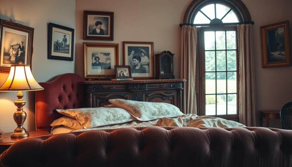 A cozy vintage bedroom bathed in warm, soft lighting. In the foreground, a plush tufted headboard in a rich, jewel-toned hue. Layered atop the bed are soft, floral-patterned bedding in muted, nostalgic colors like dusty rose, sage, and ivory. On the nightstands, antique brass lamps cast a golden glow. In the middle ground, a wooden dresser with intricate carved detailing, its finish worn and weathered. Framed vintage art and photographs adorn the walls, creating a sense of timeless elegance. The background features a large, arched window, its panes slightly distorted, allowing glimpses of a tranquil, garden-like landscape outside. The overall atmosphere is one of comfortable, lived-in charm and a connection to the past.