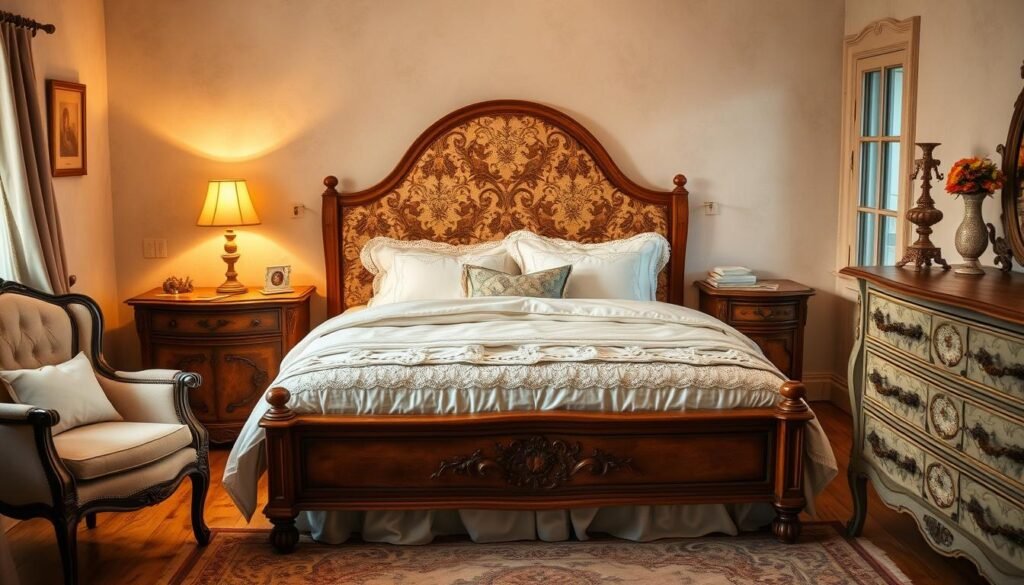 A cozy vintage bedroom with a fluffy soft, inviting bedding. A nice vintage solid wood headboard, flanked by antique nightstands. Delicate lace and embroidered accents adorn the bedding, complemented by an area rug in muted tones. Warm, incandescent lighting casts a gentle glow, creating a relaxing ambiance. The room is filled with vintage touches, such as a distressed armchair and a weathered dresser with ornate hardware. The overall aesthetic is a harmonious blend of classic elegance and timeless charm.