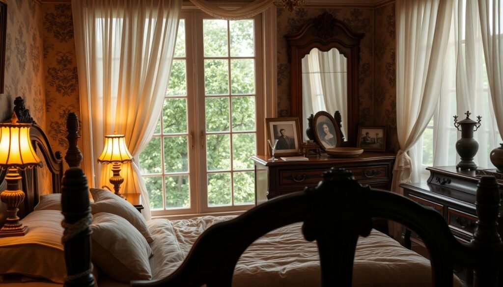 A cozy, vintage-inspired bedroom interior with warm lighting and a soft, dreamy atmosphere. In the foreground, an ornate antique wooden bed frame with plush bedding and pillows. On the nightstands, vintage lamps with delicate glass shades cast a gentle glow. The middle ground features a wooden dresser with intricate carvings, adorned with framed photographs and decorative vases. In the background, a large window overlooking a lush, green garden, with sheer curtains flowing gently. The walls are adorned with vintage-style wallpaper or paneling, adding to the timeless elegance of the space. The overall scene evokes a sense of nostalgia and relaxation.