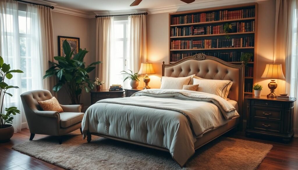 A cozy, well-appointed bedroom with warm lighting and soft textures. A plush, tufted king-sized bed with a neutral color scheme and piles of fluffy pillows invites you to sink in and relax. Antique wooden nightstands flank the bed, topped with brass lamps that cast a gentle glow. In the corner, a comfortable armchair and side table create a cozy reading nook, surrounded by bookshelves filled with well-worn volumes. Lush greenery in potted plants adds a natural, soothing touch. Soft, sheer curtains frame large windows, allowing natural light to filter in. Underfoot, a plush area rug in earthy tones ties the space together, creating a sanctuary of tranquility and comfort.