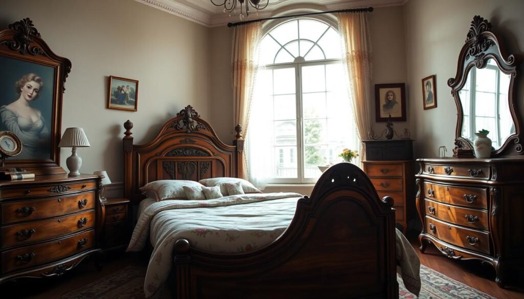 A cozy, well-lit vintage bedroom with a warm, inviting atmosphere. The focal point is a beautifully crafted wooden bed frame, adorned with intricate carvings and a plush, floral-patterned bedspread. Complementing the bed are a matching wooden dresser and nightstand, both featuring ornate details and a distressed, antique finish. In the background, a large, arched window floods the room with soft, natural light, casting a gentle glow on the scene. The walls are adorned with vintage-inspired artwork and delicate lace curtains, adding to the room's timeless charm. The overall composition evokes a sense of nostalgic elegance and timeless comfort.