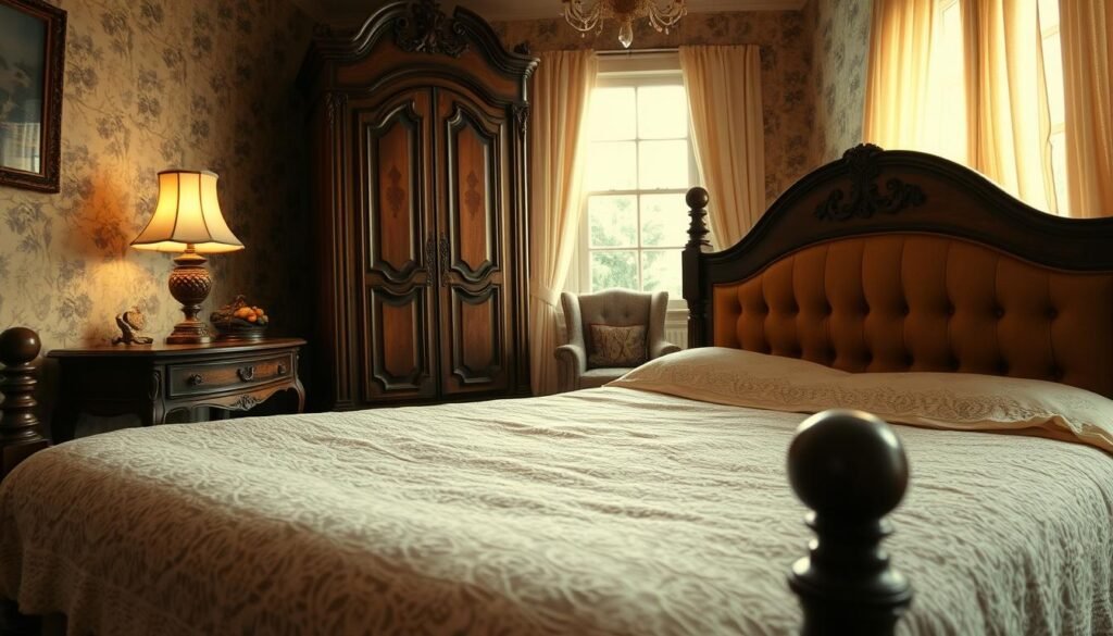 A cozy, well-lit vintage bedroom with soft, warm lighting and a charming ambiance. In the foreground, a delicate lace bedspread adorns a sturdy wooden bed frame, complemented by a plush, tufted headboard. On the bedside tables, vintage style lamps that cast a gentle glow. In the middle ground, an antique wardrobe stands tall, its intricate carvings and weathered finish adding to the overall character of the space. In the background, a large window allows natural light to pour in, casting a soft, golden hue over the room. Light pink wallpaper and a cozy armchair complete the tranquil, inviting atmosphere of this vintage-inspired sanctuary.
